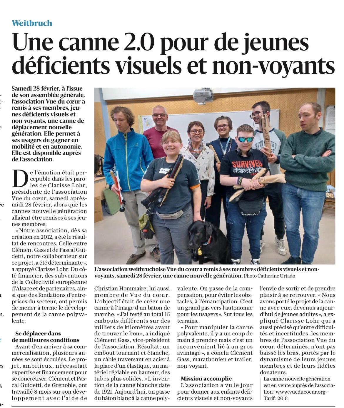 Article de presse relatant la remise de la canne 2.0